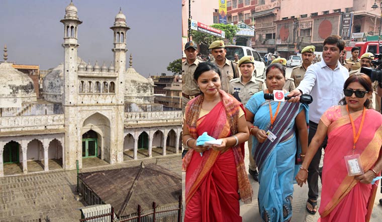 (L) Gyanvapi Mosque in Varanasi; (R) petitioners in the mosque-temple case | PTI
