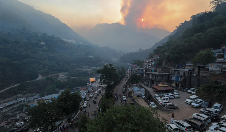 Fire engulfs Trikuta hills in Reasi district of Jammu and Kashmir on Sunday | PTI