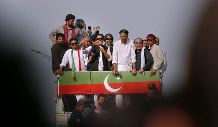 [File] Former prime minister Imran Khan addresses an anti-government rally in Islamabad | AP