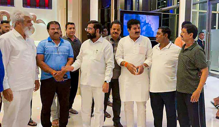 Rebel Shiv Sena MLA Eknath Shinde with other rebel MLAs at a hotel in Guwahati | PTI