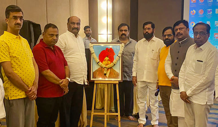 Rebel Shiv Sena leader Eknath Shinde with supporting Maharashtrian MLAs after paying tribute to Rajarshi Chhatrapati Shahu Maharaj, on the occasion of his birth anniversary, in Guwahati | PTI