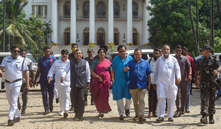 A TMC delegation comes out after a meeting with West Bengal Governor Jagdeep Dhankhar in Raj Bhavan | PTI