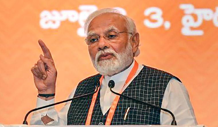 Prime Minister Narendra Modi addresses the concluding session of the BJP's National Executive meeting, in Hyderabad | PTI