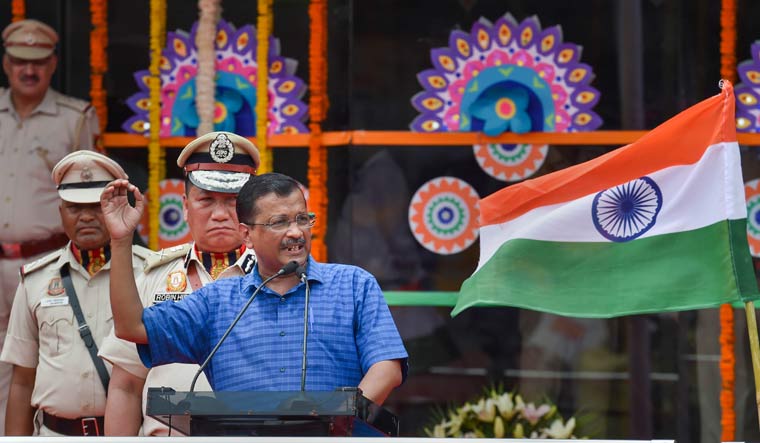 Delhi Chief Minister Arvind Kejriwal addresses during the 76th Independence Day function at the Chhatrasal Stadium | PTI