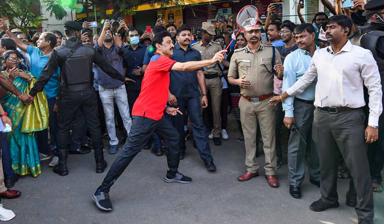 Tamil Nadu Chief Minister M.K. Stalin plays badminton as part of 'Happy Streets' initiative of Chennai Corporation | PTI