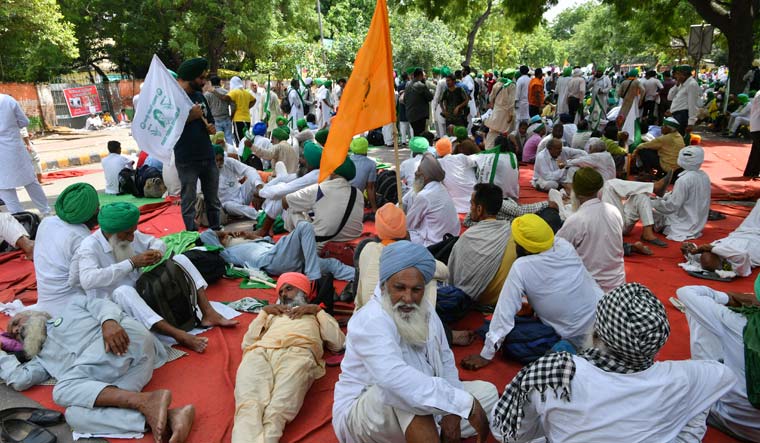 Farmers from Punjab, Haryana and other places holding a 'mahapanchayat' at Jantar Mantar in Delhi | PTI