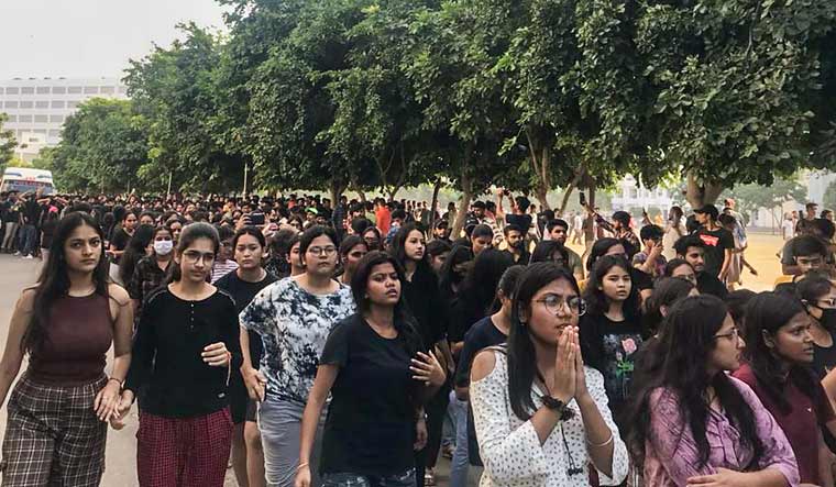 Students protesting on the Chandigarh University campus | PTI