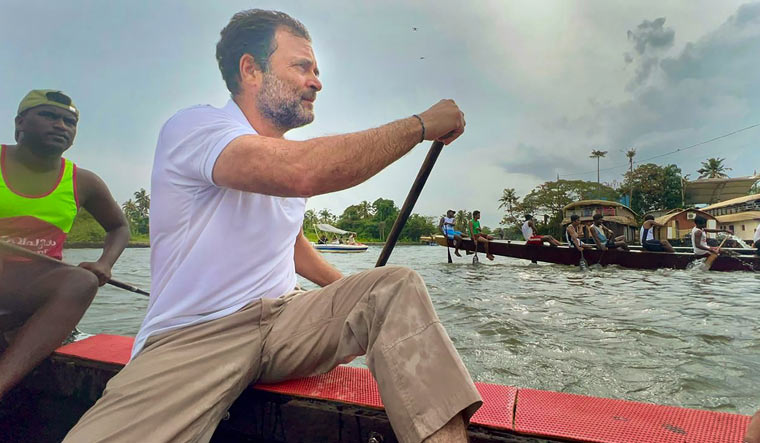 Congress leader Rahul Gandhi participates in a snake boat race exhibition in Punnamada Lake of Kerala | PTI