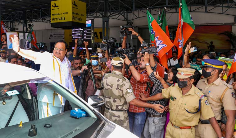BJP president J.P. Nadda being welcomed upon his arrival at Thiruvananthapuram airport | PTI