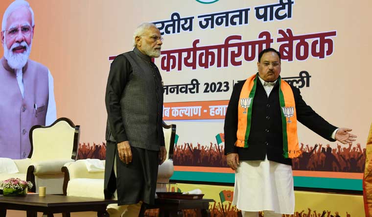 Prime Minister Narendra Modi and BJP president J.P. Nadda at the party's national executive | Sanjay Ahlawat