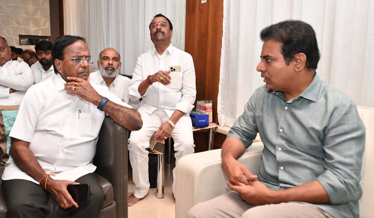 Telangana Minister and BRS leader K.T. Rama Rao meets former Telangana Pradesh Congress Committee chief and former minister Ponnala Lakshmaiah | PTI