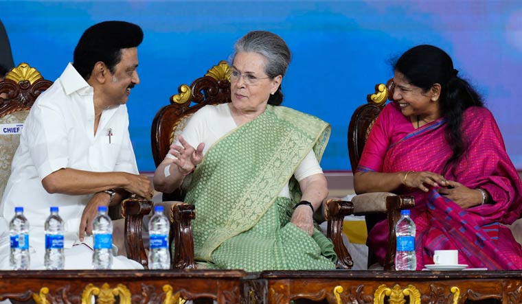 Tamil Nadu Chief Minister MK Stalin with Congress leader Sonia Gandhi and DMK's Kanimozhi at the 'Women's Rights Conference' in Chennai | PTI
