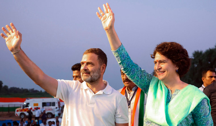 Congress leaders Rahul Gandhi and Priyanka Gandhi Vadra during a public rally in Mulugu district of Telangana | PTI