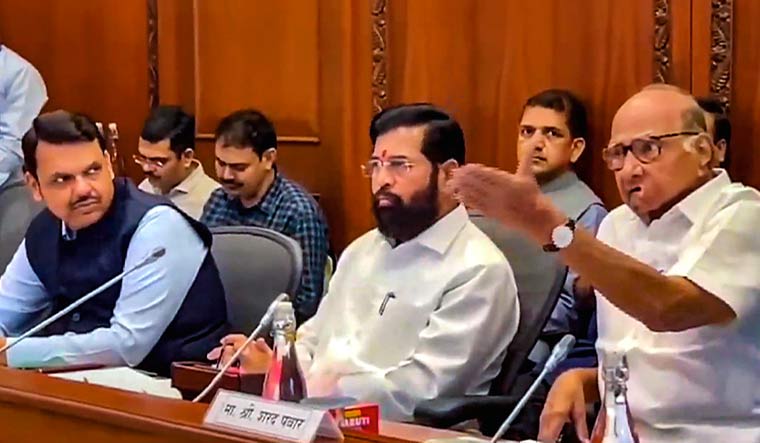 Maharashtra Chief Minister Eknath Shinde with Deputy Chief Minister Devendra Fadnavis and NCP chief Sharad Pawar during an all-party meeting on Maratha reservation, in Mumbai | PTI