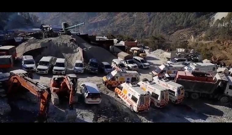 Rescue and relief operation under way after a portion of a road tunnel under construction between Silkyara and Dandalgaon collapsed Uttarakhand | Josekutty Panackal