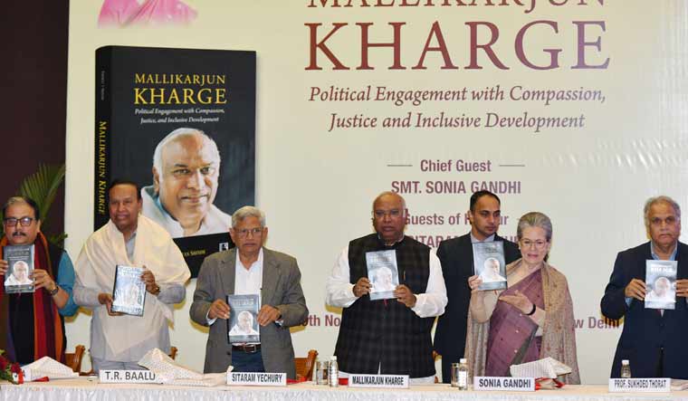 Sonia Gandhi and other opposition leaders during the launch of a book to commemorate the political journey of Congress president Mallikarjun Kharge who has completed 50 years in electoral politics | Sanjay Ahlawat