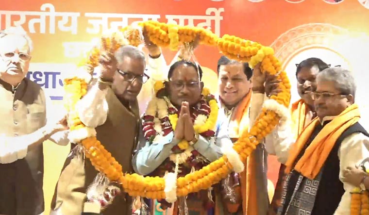 BJP leader Vishnu Deo Sai being garlanded by party leaders after he was elected the next chief minister of Chhattisgarh | PTI