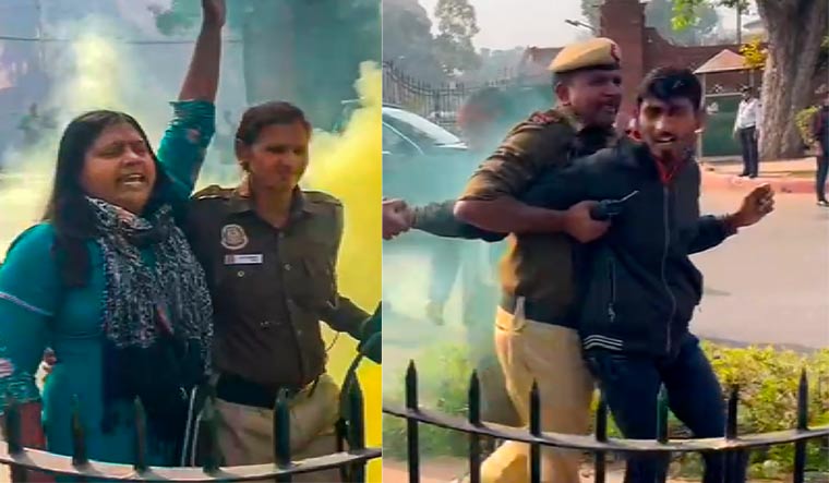 Police personnel apprehend a woman and a man carrying a can emitting yellowish smoke while they were protesting outside the parliament premises | PTI