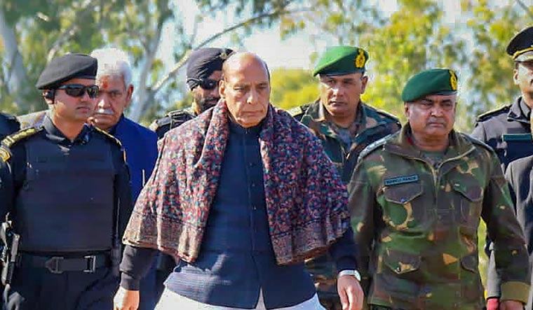 Defence Minister Rajnath Singh with Chief of Army Staff General Manoj Pande during an interaction with Army personnel, in Rajouri | PTI
