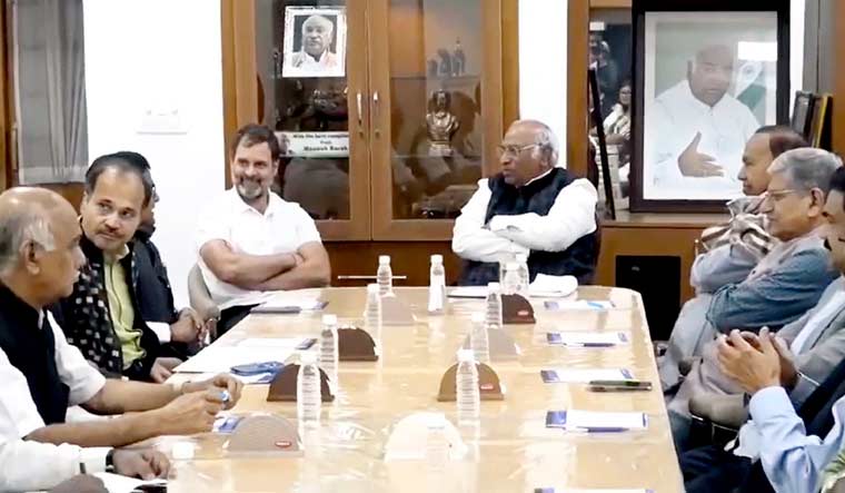 Congress President Mallikarjun Kharge with party leader Rahul Gandhi and other Opposition leaders during the INDIA meeting | PTI