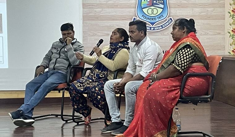 Asha Paul (2nd from left) speaking at the seminar. Jyoti Ingale, Santosh Kanare and Sunil Dawade also seen.