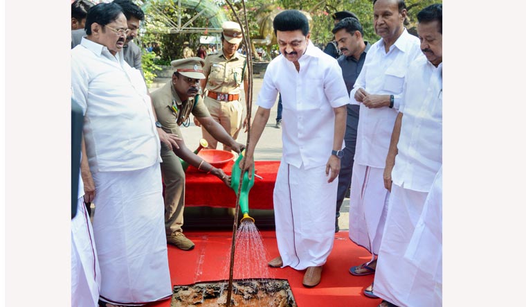 DMK president and Tamil Nadu Chief Minister M.K. Stalin with party senior leaders plants a tree as part of his 70th birthday celebrations at Anna Arivalayam, in Chennai | PTI