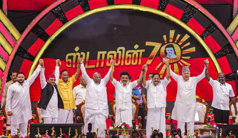 DMK president and Tamil Nadu Chief Minister MK Stalin with opposition leaders Mallikarjun Kharge, Farooq Abdullah, Akhilesh Yadav, Tejashwi Yadav and DMK senior leaders at a public meeting in Chennai | PTI