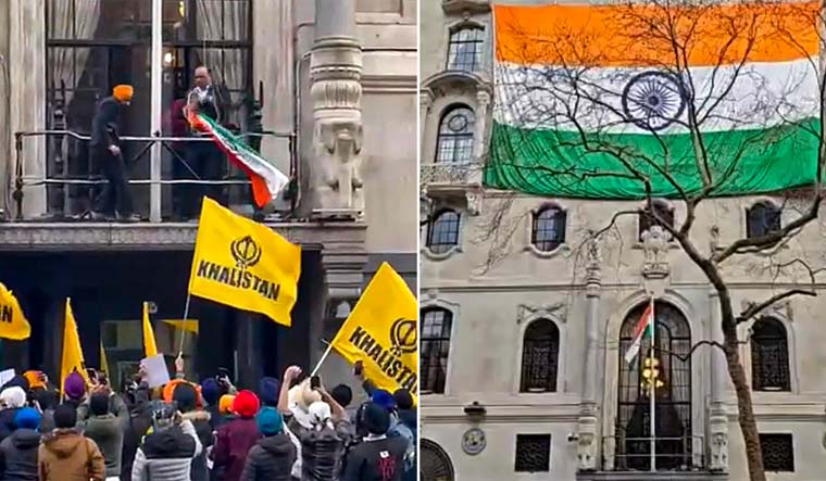 In this combo photo, right, the Indian national flag hoisted at the Indian High Commission, left, a protester, chanting pro-Khalistani slogans, attempts to grab the tricolour, in London | PTI