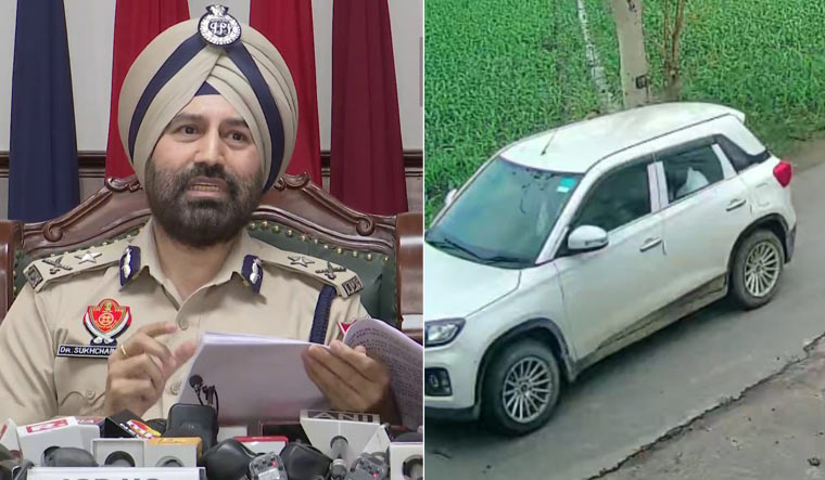 (Left) Punjab IGP Sukhchain Singh Gill; (right) the Brezza car in which Amritpal Singh escaped