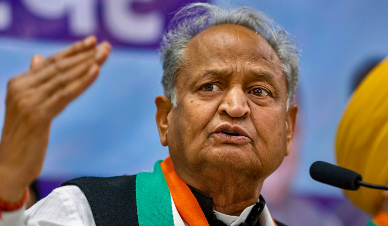 Rajasthan Chief Minister Ashok Gehlot addresses a news conference in Ahmedabad | PTI