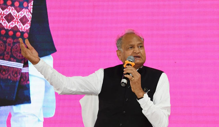 Rajasthan Chief Minister Ashok Gehlot addresses a press conference regarding the 'Mehangai Rahat Camp', at his residence in Jaipur | Sanjay Ahlawat