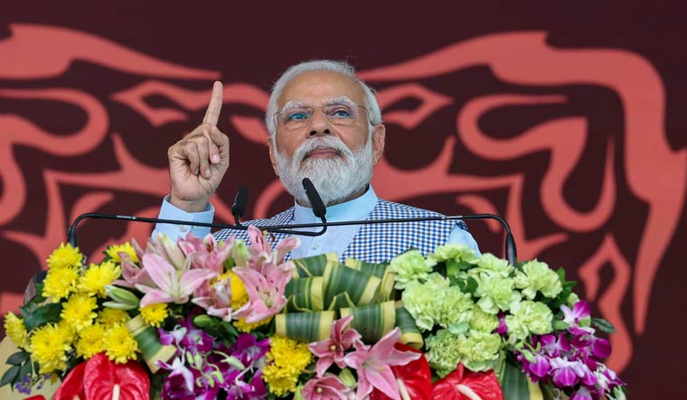 Prime Minister Narendra Modi speaks during the National Panchayati Raj Day celebrations, in Rewa district of Madhya Pradesh | PTI