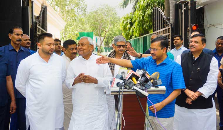 Delhi Chief Minister Arvind Kejriwal with Bihar CM Nitish Kumar during a press conference, in New Delhi | PTI