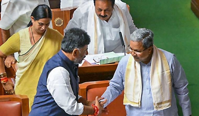 Karnataka Chief Minister Siddaramaiah and Deputy Chief Minister DK Shivakumar on the first day of Karnataka Assembly session, in Bengaluru on Monday | PTI