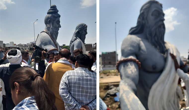 A Congress team inspects the damaged idols of 'saptarishis' installed at the Mahakal Lok