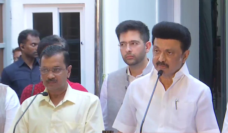 Delhi Chief Minister Arvind Kejriwal and Tamil Nadu CM M.K. Stalin address a joint press conference in Chennai | Twitter/ANI