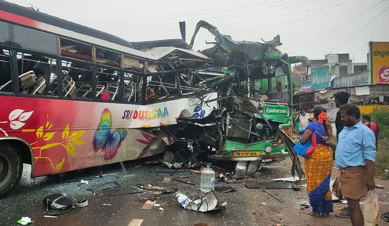 Cuddalore: Wrecked remains of the vehicles after their head-on collision that left at least 60 people injured, near Nellikuppam in Cuddalore district, Monday, June 19, 2023. (PTI Photo)  (PTI06_19_2023_000149A)