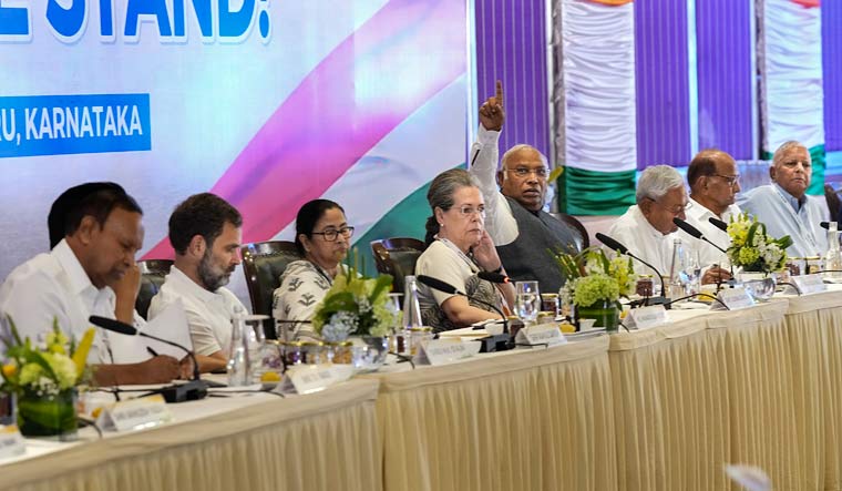 Leaders of opposition parties, including Congress president Mallikarjun Kharge and senior party leader Sonia Gandhi, during a meeting in Bengaluru | PTI