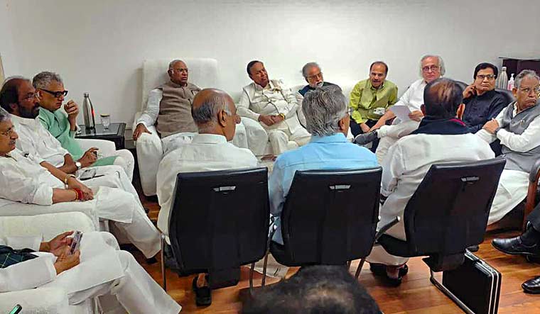Congress President and Leader of the Opposition in Rajya Sabha Mallikarjun Kharge in a meeting with other leaders of the INDIA alliance parties at his chamber | PTI
