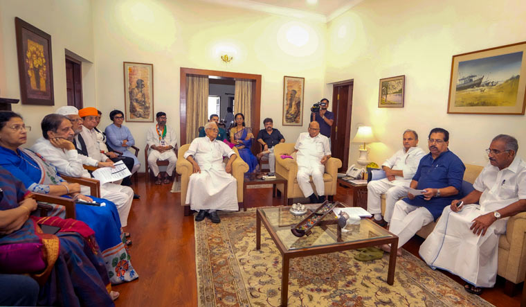 NCP chief Sharad Pawar during a meeting with the partys state Presidents and General Secretaries at his residence in Delhi | PTI