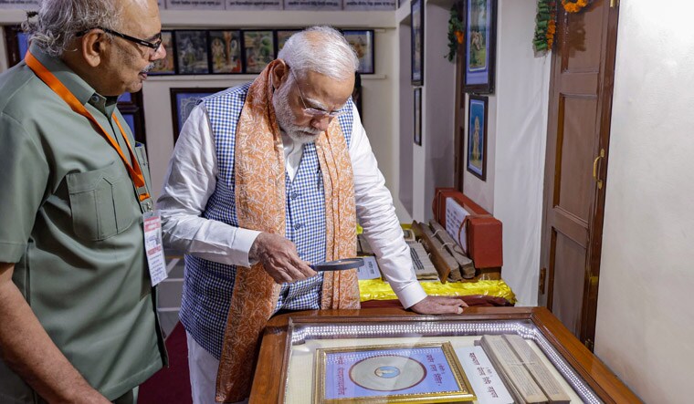 **EDS: TWITTER IMAGE VIA @narendramodi** Gorakhpur: Prime Minister Narendra Modi visits Gita Press during the closing ceremony of centenary celebrations of the book publisher, in Gorakhpur, Friday, July 7, 2023. (PTI Photo)(PTI07_07_2023_000242B)