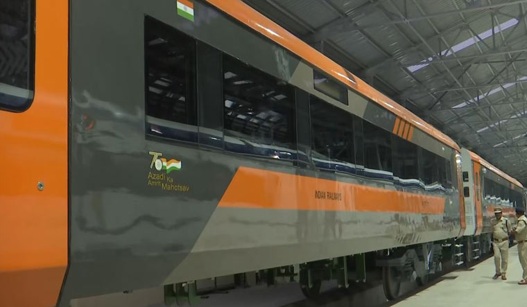 The new Vande Bharat train stationed at the Integral Coach Factory (ICF) in Chennai