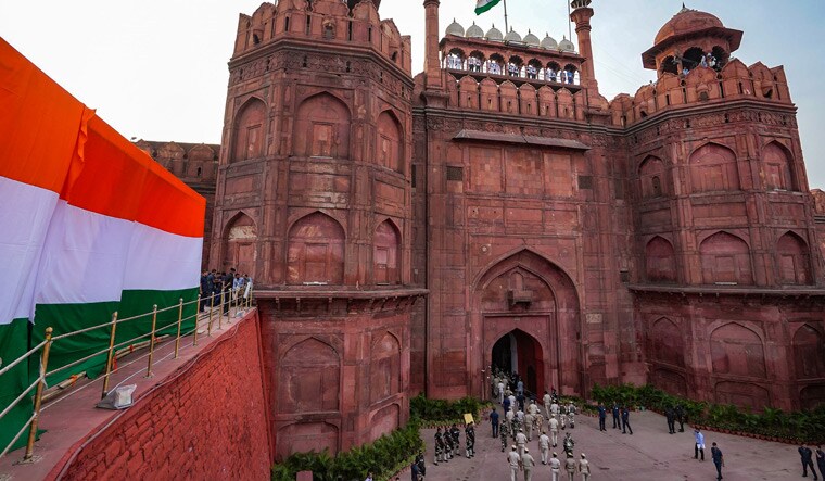 Security personnel at Red Fort during full dress rehearsal for the celebrations of 77th Independence Day in New Delhi | PTI