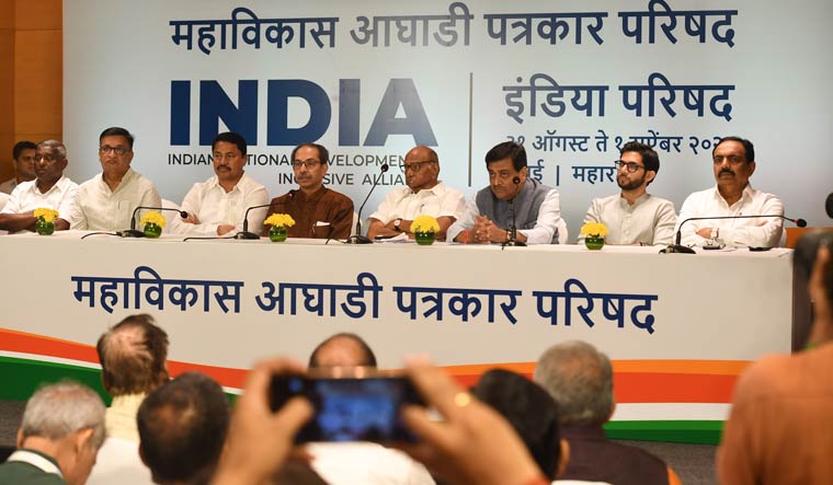 NCP supremo Sharad Pawar, Shiv Sena (UBT) chief Uddhav Thackeray and Maharashtra Congress President Nana Patole, along with other leaders, at a press conference, in Mumbai | Amey Mansabdar 