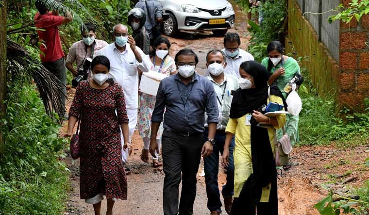 Members of a medical team from Kozhikode Medical College carry areca nut and guava fruit samples to conduct tests for Nipah virus in Maruthonkara village | PTI