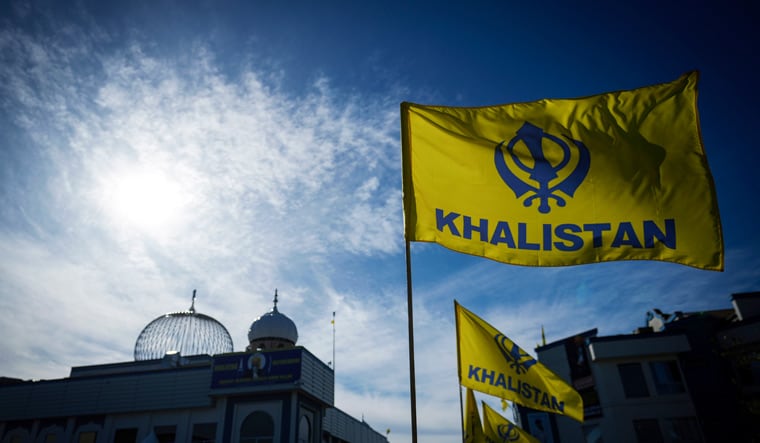 Khalistan flags are seen outside the Guru Nanak Sikh Gurdwara Sahib in Surrey, British Columbia | AP