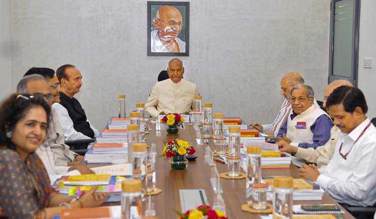 Former President Ram Nath Kovind, Union Home Minister Amit Shah, Democratic Progressive Azad Party chief Ghulam Nabi Azad and others during the first high-level committee meeting on 'One Nation, One Election' at Jodhpur House in New Delhi | PTI