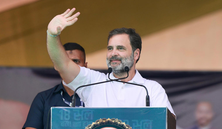 Congress leader Rahul Gandhi addresses during a public meeting, in Shajapur district, Madhya Pradesh | PTI