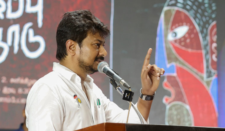 DMK youth wing secretary and Tamil Nadu Youth Welfare Minister Udhayanidhi Stalin addresses an event in Chennai on Sept 2 | PTI