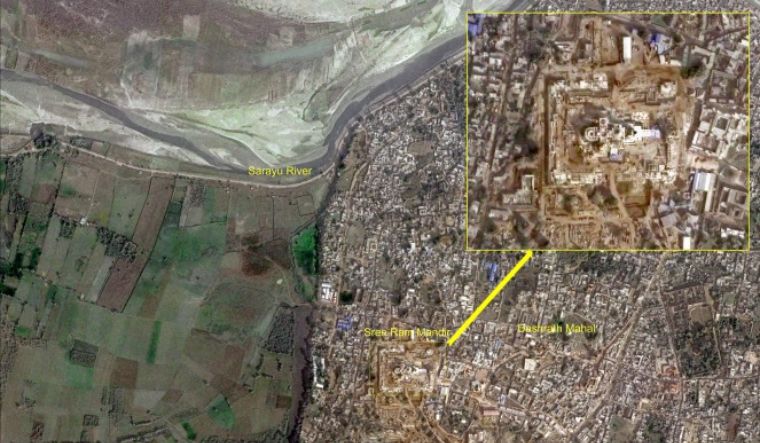 The under-construction Ayodhya Ram temple captured by a satellite on December 16, 2023. Dashrat Mahal and River Sarayu can also be seen.